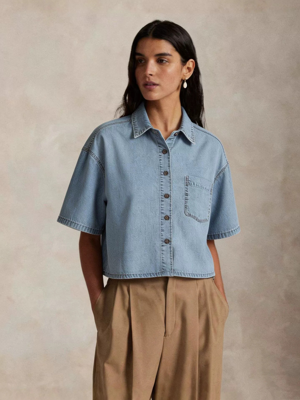 Zara Retro Slim Light Blue Cropped Denim Shirt Short Sleeve Notch Collar